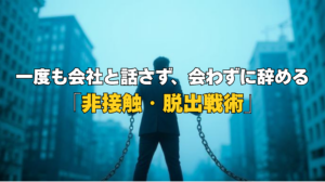 会社と話さずに退職するための戦略をイメージしたイラスト。診断書や退職代行の活用を表現。